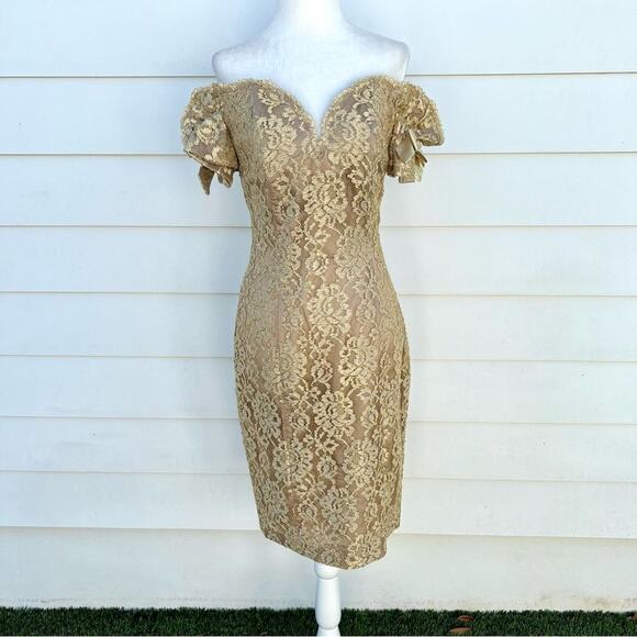 Vintage 80's Gold Lurex Lace Sweetheart Off The Shoulder party dress - Picture 1 of 6